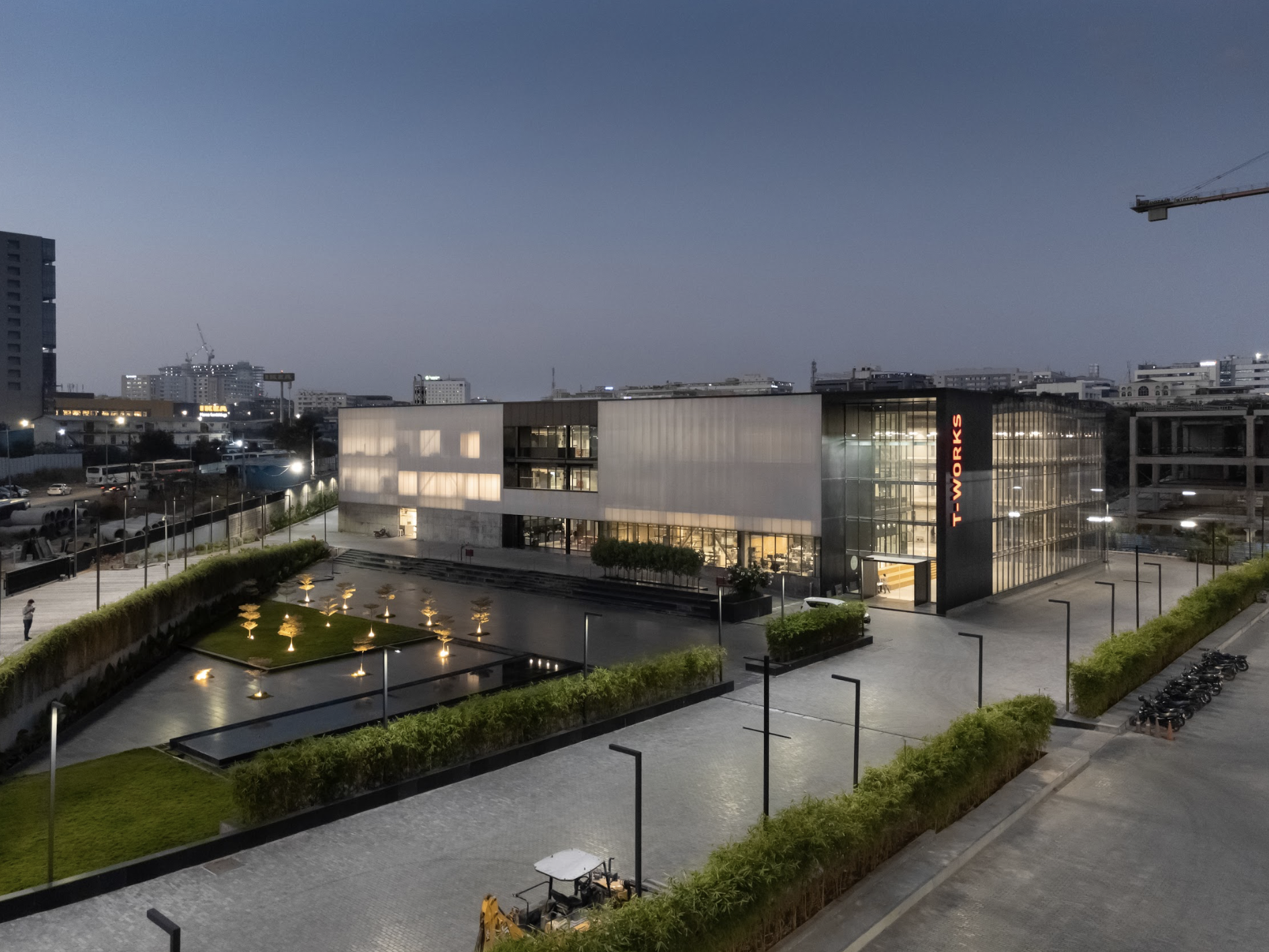 Wide view of T-Works Hyderabad, the festival venue, at dusk